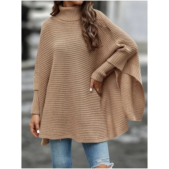 Cozy Turtleneck Oversized Poncho Sweater Top - Picture 2 of 5